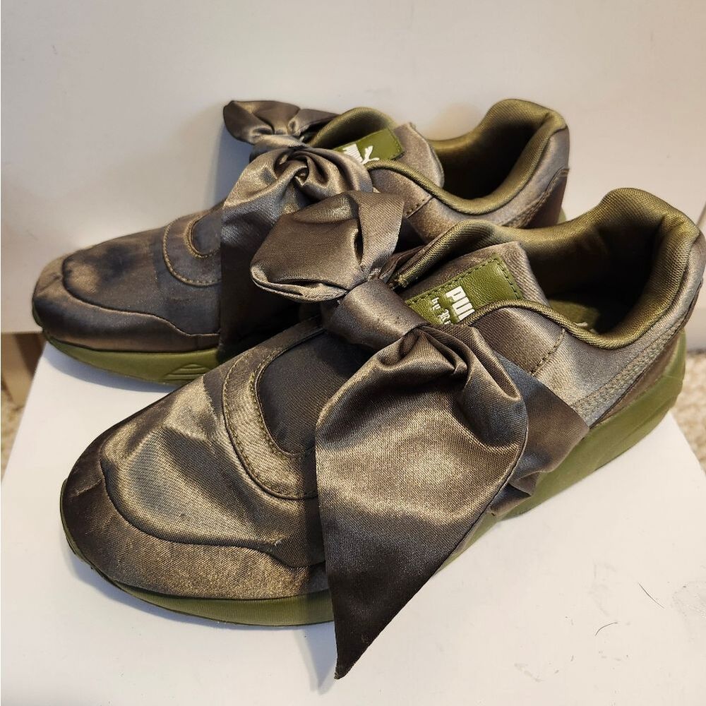 PUMA x FENTY by Rihanna Olive Green Satin w/Bow Sneakers Rare Pair Sz. 8/38.5